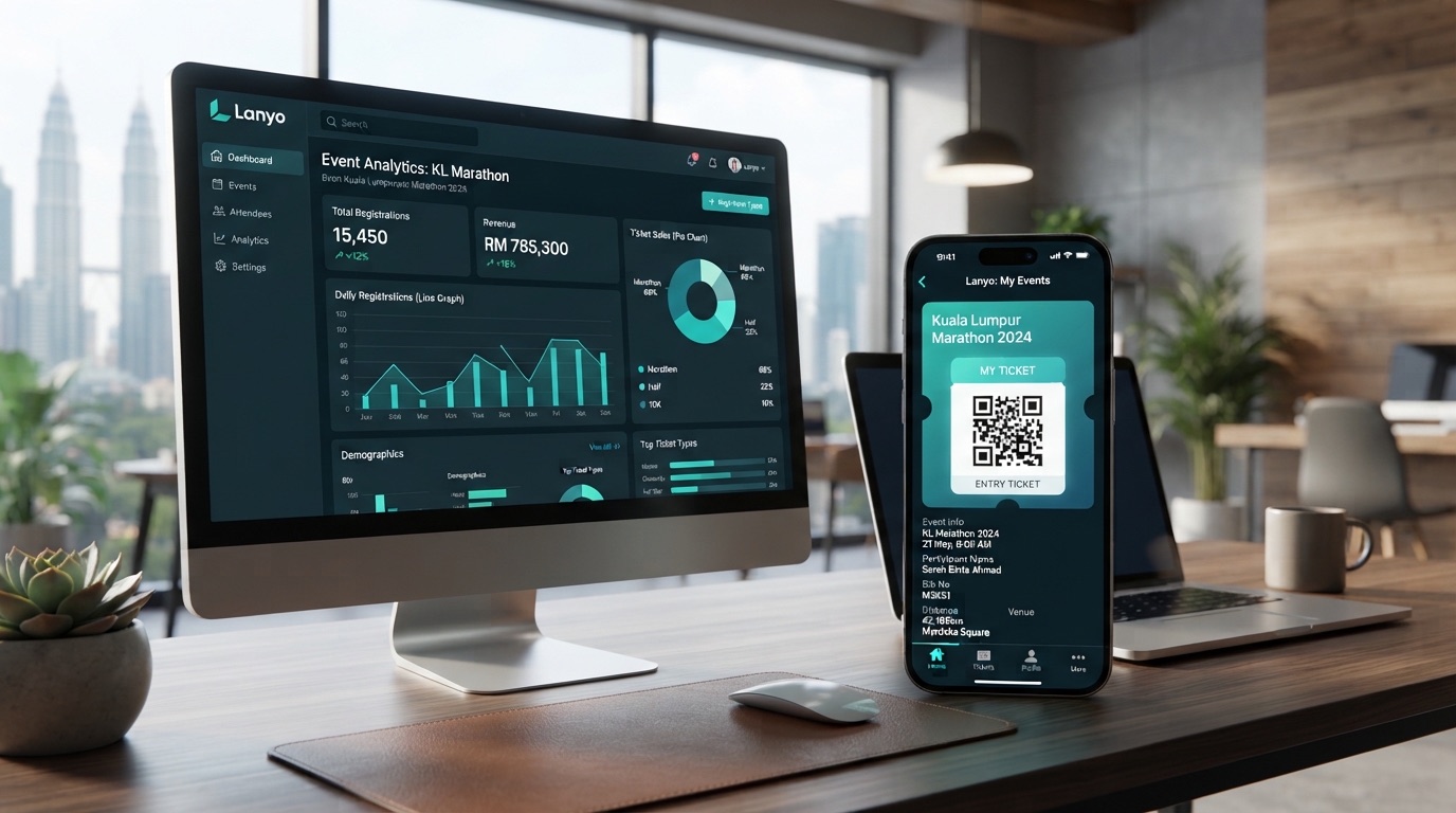 Lanyo event analytics dashboard on a desktop beside a mobile QR ticket